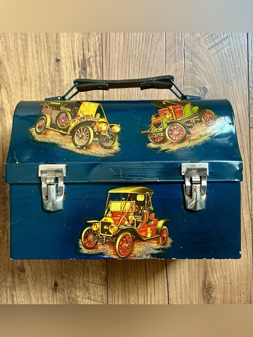 Vintage Metal Lunchbox Classic Antique Cars Blue Plaid Interior Retro Tool Box